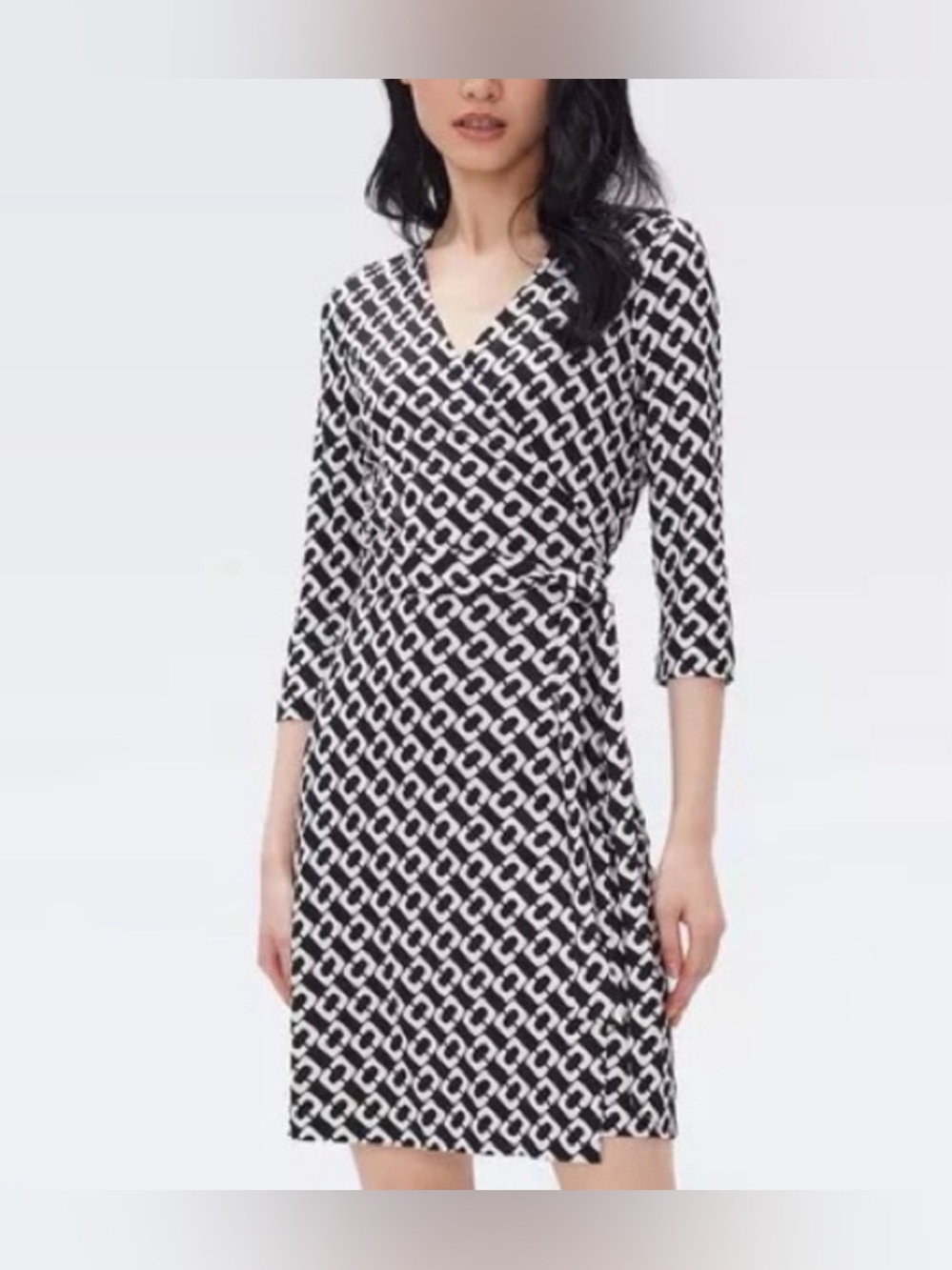 Diane Von Furstenberg Silk Black & White Geometric Julian Wrap Dress Tie Waist